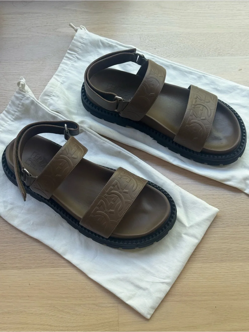Ferragamo Notorius Leather Gancini Strap Sandals Brown Mens